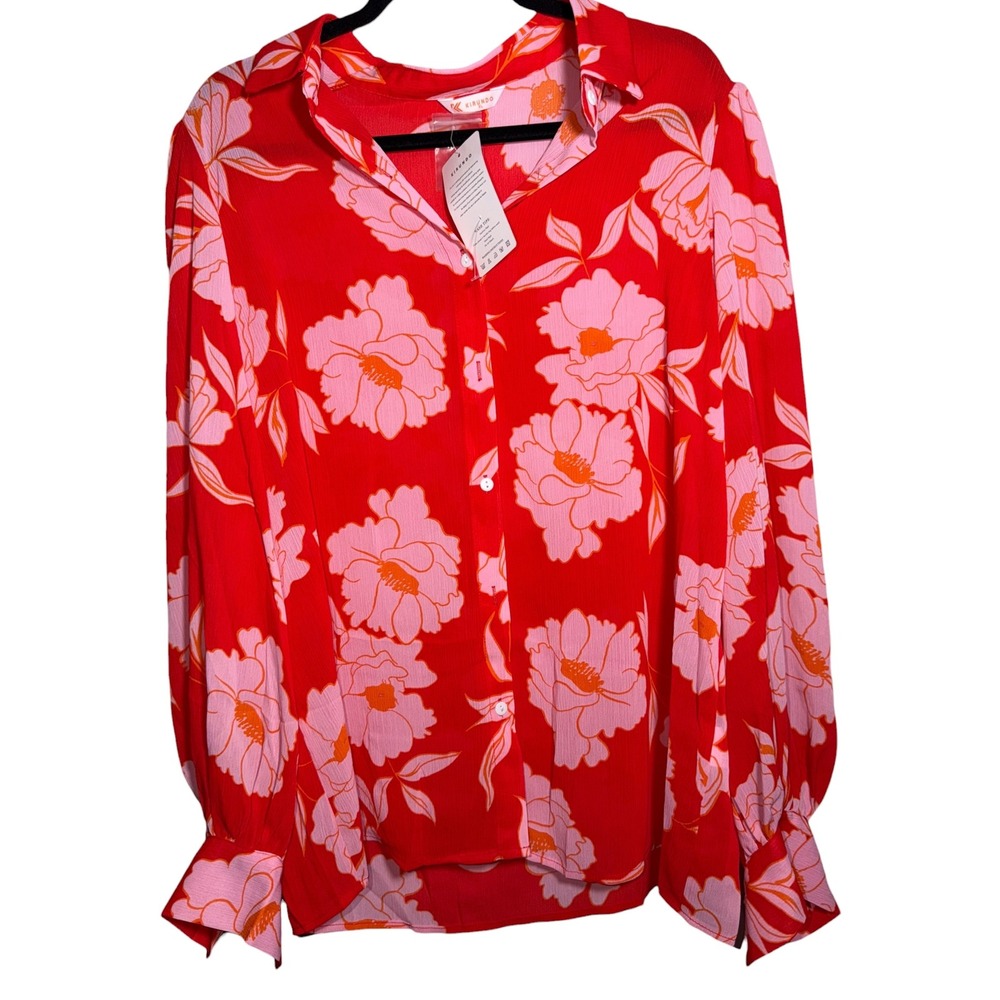 Kirundo Women's XL Red Pink Floral Button Down Blouse Long Sleeve NWT